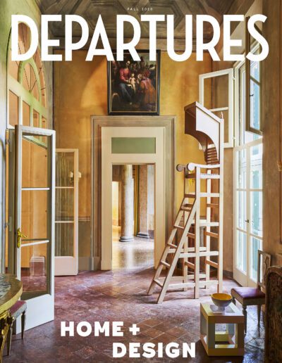 Elegant interior design featured in a "departures" magazine cover, showcasing home + design for fall 2020.