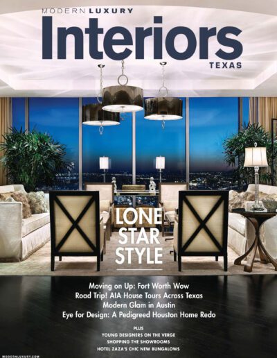 Luxury interior design magazine cover featuring an elegant room with a panoramic city view, highlighting texas style.
