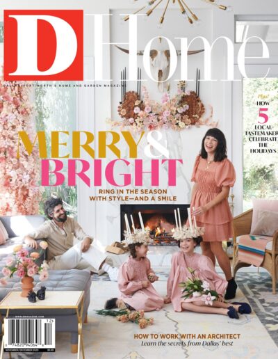 A family in a stylishly decorated room featured on the cover of "d home" magazine, celebrating a festive theme with the headline "merry & bright.