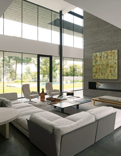 Modern living room with large windows, minimalist furniture, and a dog lying on the floor.